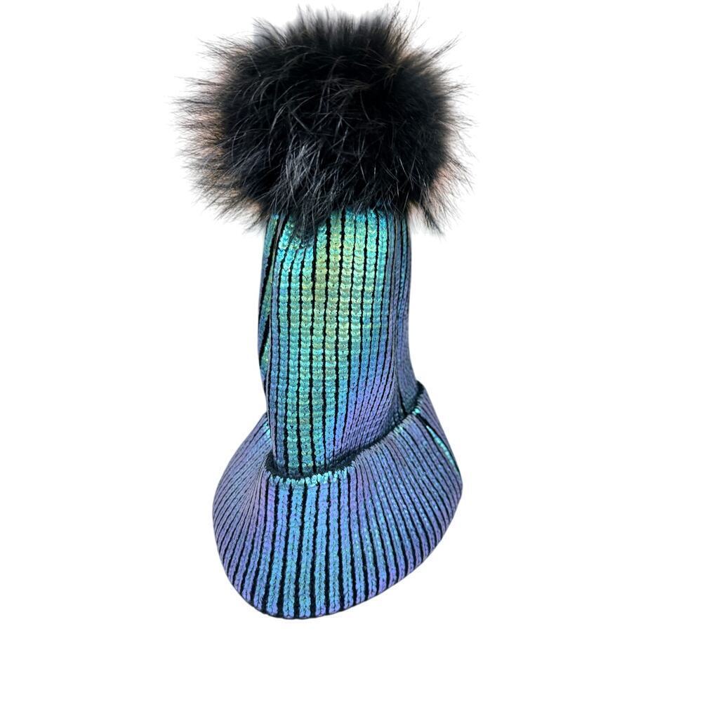 Adrienne Landau Sequin Beanie Hat OS Black Fox Fur Pom Metallic Iridescent NWOT - Picture 5 of 5
